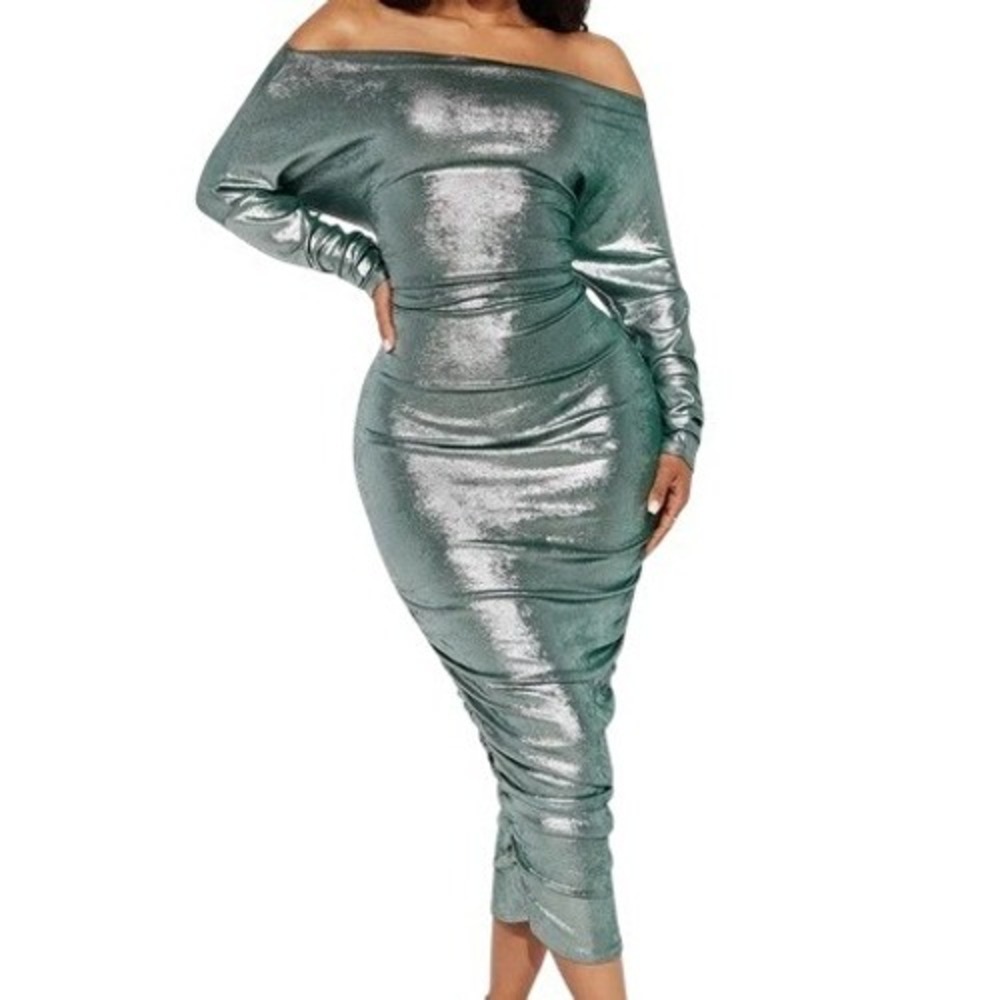 Fashion Nova Adeline Metallic Hunter Green Ruched Midi Dress Plus 1X Party New